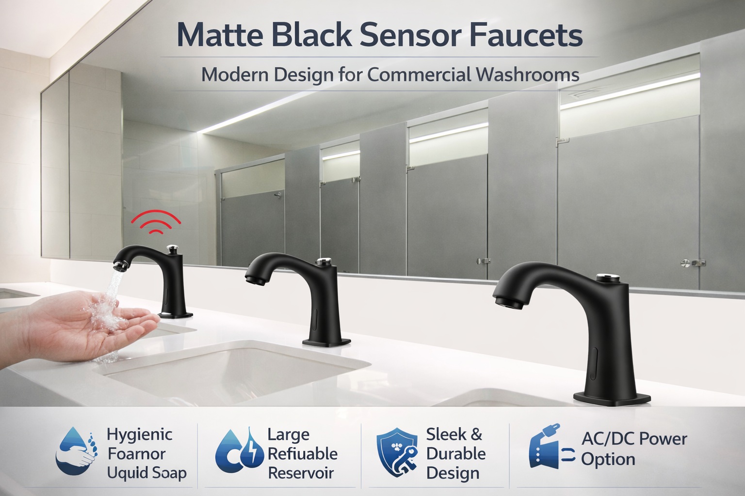 Matte black sensor faucets for modern commercial washrooms